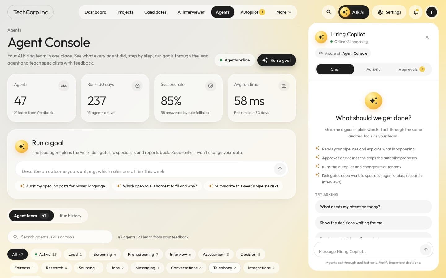Agent Console with the Hiring Copilot panel open: run a goal through the lead agent, the agent team and suggested requests