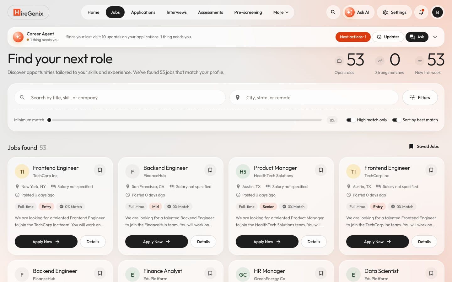 Candidate job search with a minimum match filter, sorting by best match and job cards with match scores