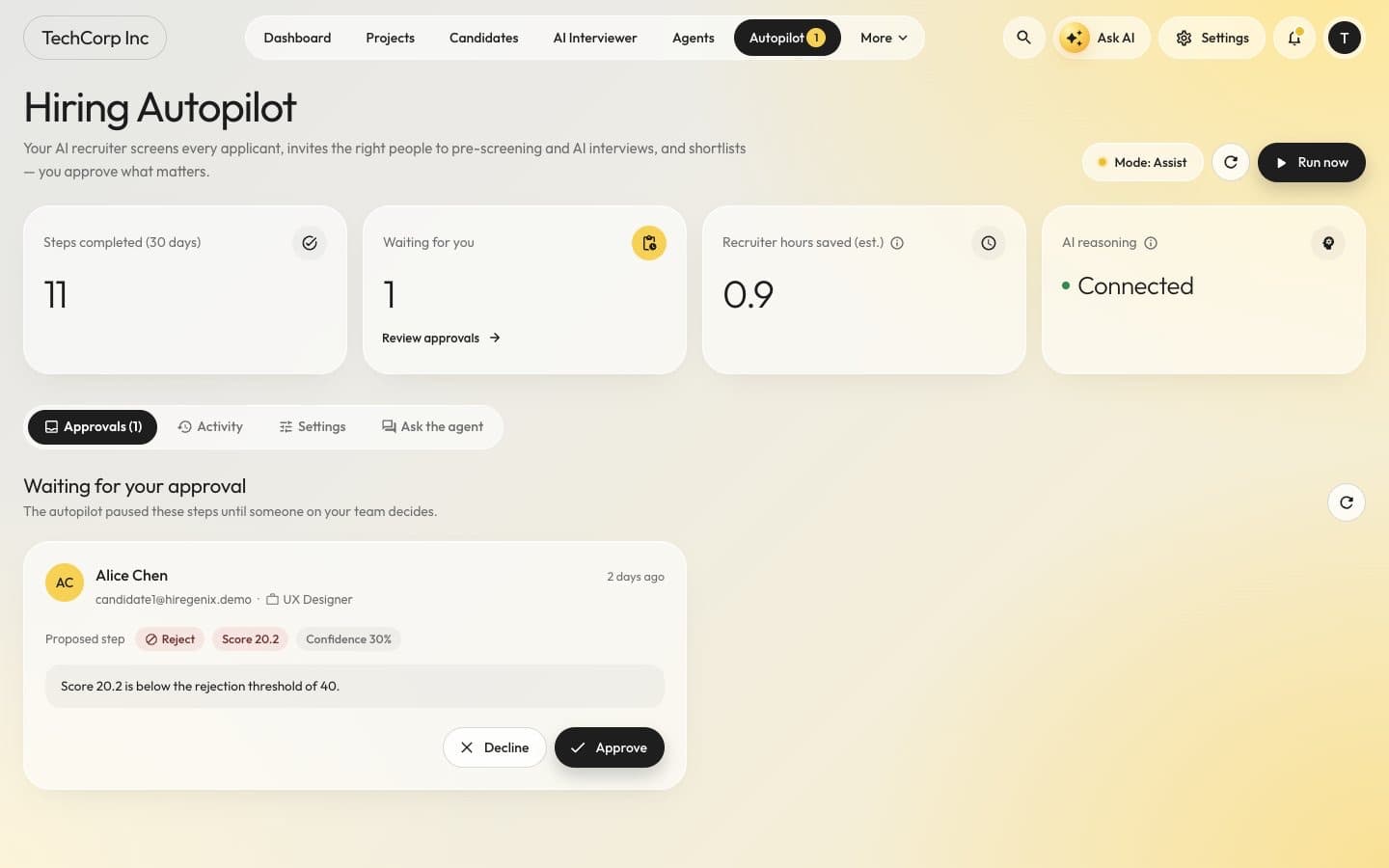 Hiring Autopilot: a proposed rejection waits for approval, with the score, the confidence and the reason, and Approve and Decline buttons