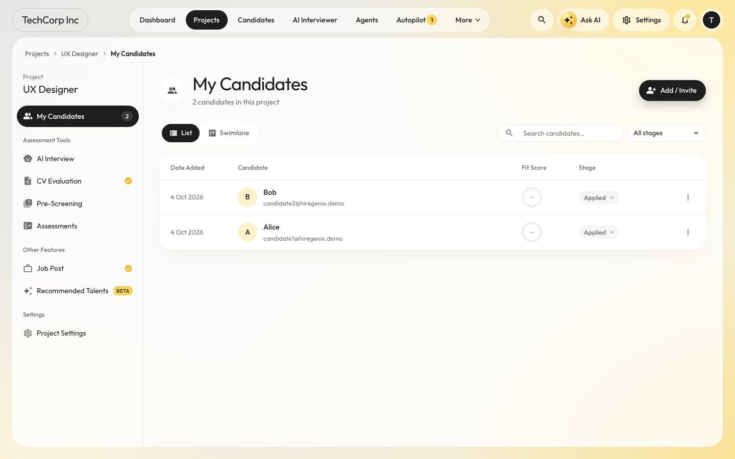 A hiring project: candidate list with fit scores and stages, and the project tools for AI interviews, CV evaluation, pre-screening and assessments